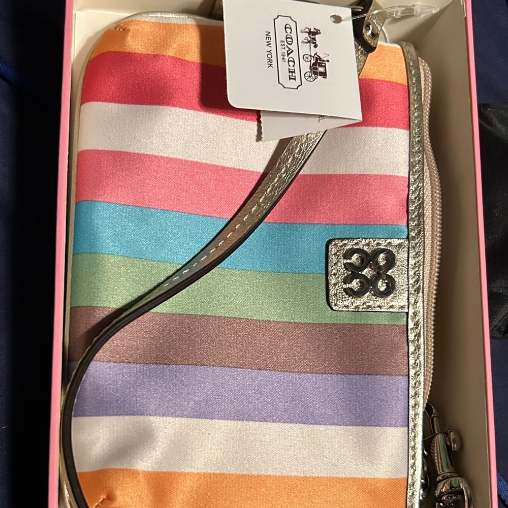 Coach Rainbow Striped Wristlet with Silver Accents